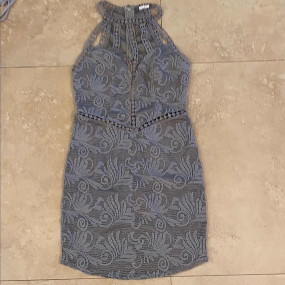 Xenia boutique, grey lace mini dress